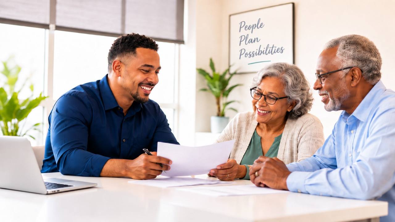Licensed advisor reviewing insurance coverage documents with an older couple in a bright office